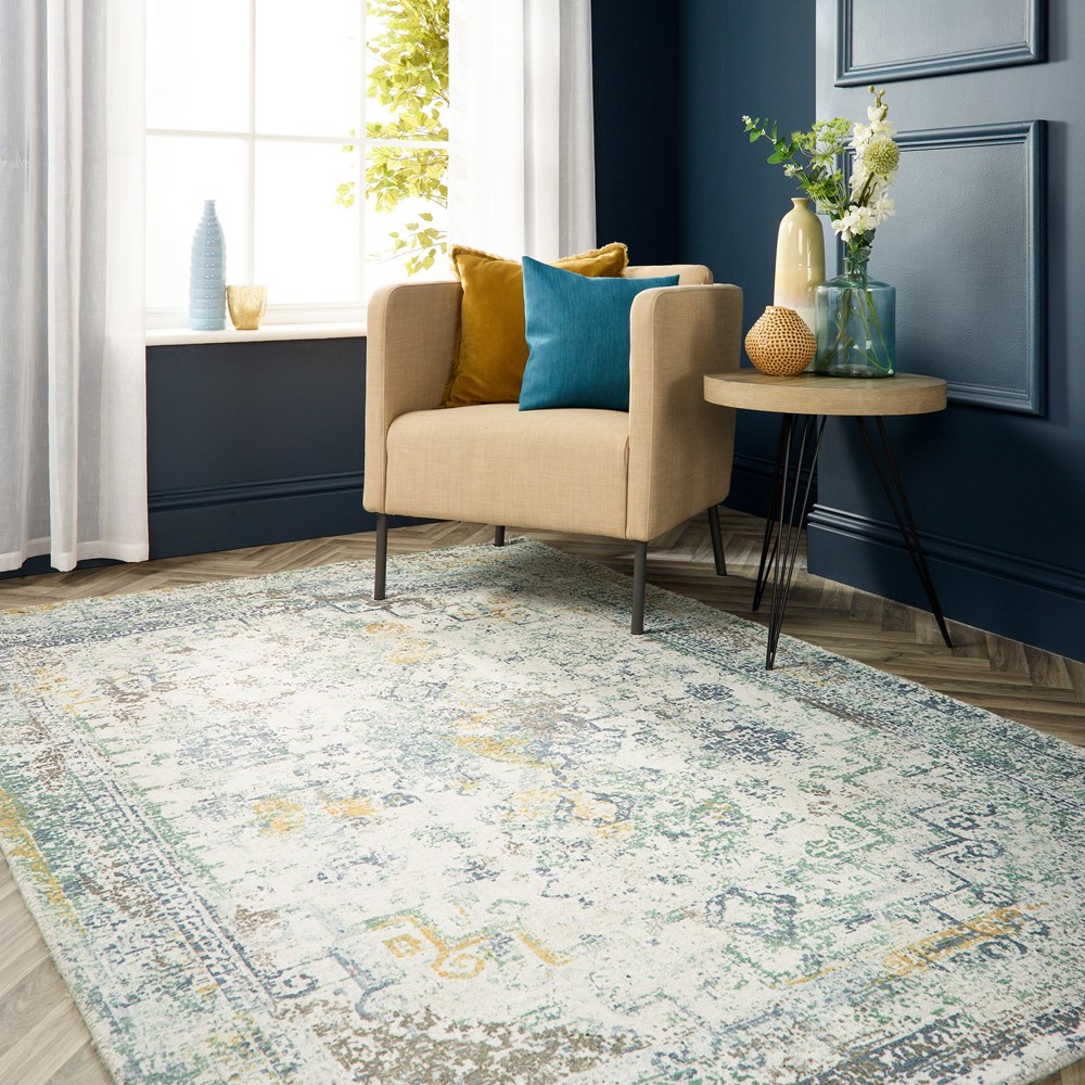 Vogue Traditional Distressed Rugs in Blue Ochre Yellow